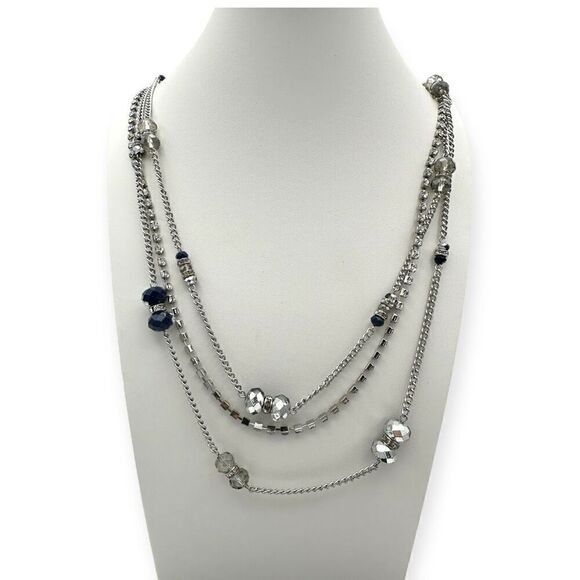 Long Opera/Rope length 3-tiered necklace silver toned with beads 35 inches long - Picture 1 of 7